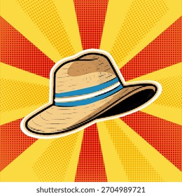 Um chapéu de palha fedora em um estilo cômico retro pop art com um efeito de meio-tom em um fundo vermelho e amarelo sunburst,