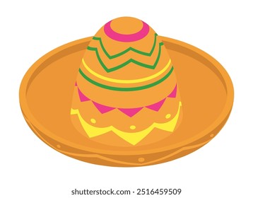 Chapéu sombrero mexicano festivo de palha com padrão geométrico tradicional. Acessório de carnaval festivo. Vetor isométrico brilhante isolado em fundo branco