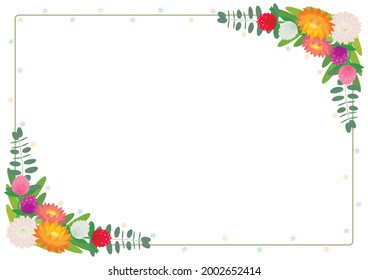 Straw flower, Globe Amaranth, Eucalyptus Bouquet Corner Frame Background