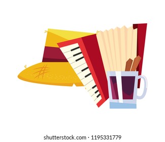 straw hat accodion music and cinnamon drink