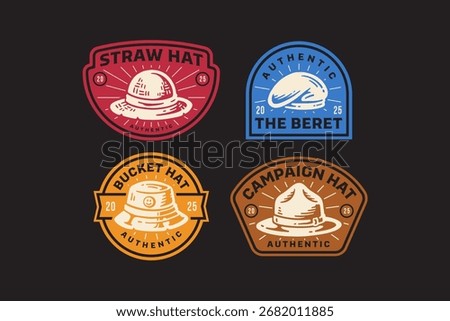 straw hat, beret, bucket hat, campaign hat retro badge logo design collection for picnic, camping, apparel, adventure, outdoor company business. vector illustration