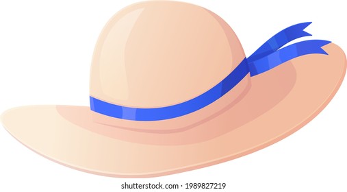 Straw hat with blue ribbon. Summer vacation, travel, tropical outfit concept. Stock vector illustration isolated on white background in flat cartoon style