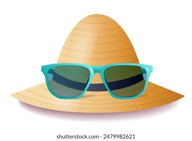 Straw hat with blue sunglasses summer beach fashion accessory holiday travel design