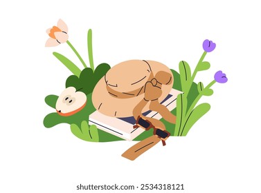 Straw hat, book and sunglasses in nature. Outdoor summer leisure, holiday in garden with flowers, grass, rustic picnic. Cottagecore aesthetic. Flat vector illustration isolated on white background