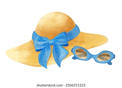 Straw hat with bow and sunglasses. Vector watercolor illustration