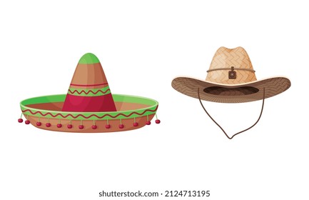 Straw Hat as Brimmed Woven Headdress with Sombrero and Cowboy Hat Vector Set
