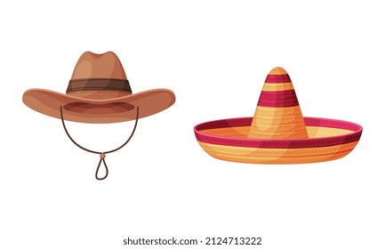 Sombrero de paja con tocador trenzado con conjunto de vectores de Sombrero y Cowboy