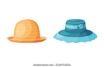 Straw Hat as Brimmed Woven Headdress Vector Set