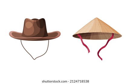 Straw Hat as Brimmed Woven Headdress with Conical Asian and Cowboy Hat Vector Set