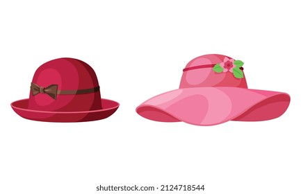 Straw Hat as Brimmed Woven Headdress Vector Set