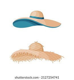 Straw Hat As Brimmed Woven Headdress Vector Set