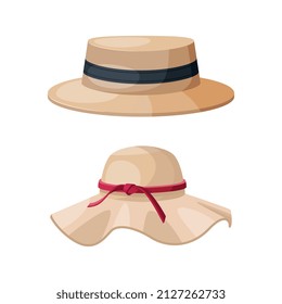 Straw Hat as Brimmed Woven Headdress Vector Set