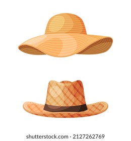 Straw Hat as Brimmed Woven Headdress Vector Set