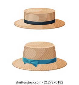 Straw Hat as Brimmed Woven Headdress Vector Set