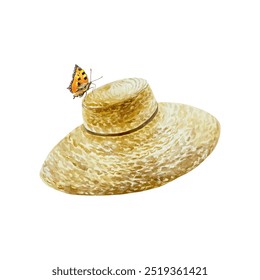 Straw hat with butterfly watercolor. Hand drawn vector illustration. For greeting cards, invitations, country picnic design, summer banners, posters.