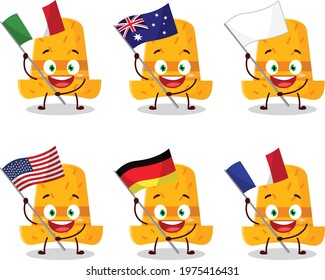 Straw hat cartoon character bring the flags of various countries