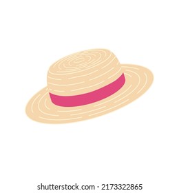 Straw hat decorated red ribbon isolated on white background. Simple headgear vector flat illustration.