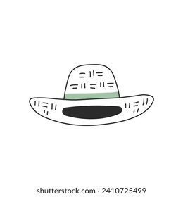 Ilustración del doodle de sombrero de paja. Dirección vectorial de verano para jardinero y granjero con cinta verde. Protección solar, vacaciones, diseño de concepto de viajes