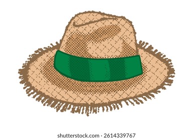 Straw hat with green band angled view from above. Isolated on white background.