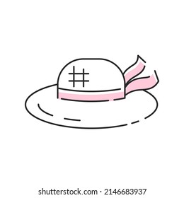 Straw hat icon. Pixel perfect. Vector outline beach hat with pink ribbon silhouette. Simple line art summer beach modern graphic for web design, mobile app, logo concept.