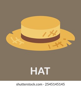 Straw hat isolated on light brown background. Stylish headdress. Stylish straw hat. Summer yellow straw hat for women. Vector file mode