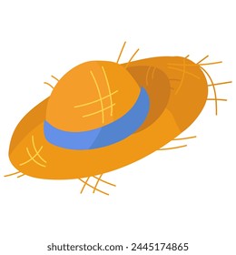 Straw hat on a white background with a blue ribbon, isolated vector illustration. A flat object for covering the head. Protection from the sun. The straw sticks out of the hat. Golden colors, natural