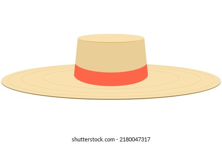 Straw hat with an orange ribbon. Vector cartoon illustration