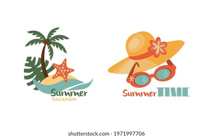 Straw Hat and Palm Tree as Beach Holiday and Summer Vacation at Sea Shore Vector Composition Set