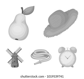 Straw hat, pear with leaf, watering hose, windmill. Farmer and gardening set collection icons in monochrome style vector symbol stock illustration web.