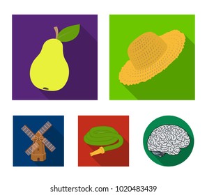 Straw hat, pear with leaf, watering hose, windmill. Farmer and gardening set collection icons in flat style vector symbol stock illustration web.