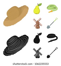 Straw hat, pear with leaf, watering hose, windmill. Farmer and gardening set collection icons in cartoon,black style vector symbol stock illustration web.