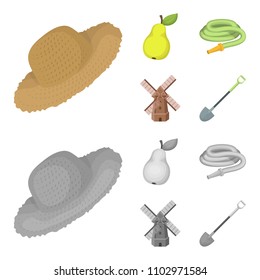 Straw hat, pear with leaf, watering hose, windmill. Farmer and gardening set collection icons in cartoon,monochrome style vector symbol stock illustration web.