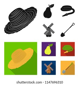 Straw hat, pear with leaf, watering hose, windmill. Farmer and gardening set collection icons in black, flat style vector symbol stock illustration web.