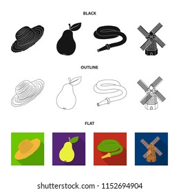 Straw hat, pear with leaf, watering hose, windmill. Farmer and gardening set collection icons in cartoon style vector symbol stock illustration web.