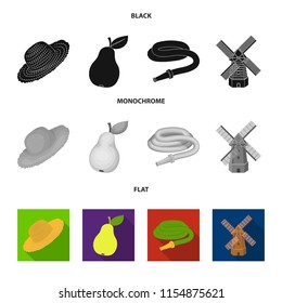 Straw hat, pear with leaf, watering hose, windmill. Farmer and gardening set collection icons in black, flat, monochrome style vector symbol stock illustration web.