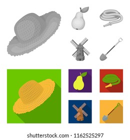 Straw hat, pear with leaf, watering hose, windmill. Farmer and gardening set collection icons in monochrome,flat style vector symbol stock illustration web.