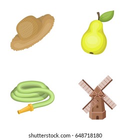 Straw hat, pear with leaf, watering hose, windmill. Farmer and gardening set collection icons in cartoon style vector symbol stock illustration web.