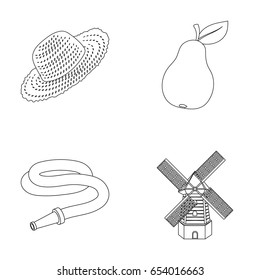 Straw hat, pear with leaf, watering hose, windmill. Farmer and gardening set collection icons in outline style vector symbol stock illustration web.