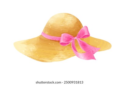 Straw hat with pink bow  for summer holiday, isolated on white. Vector watercolor illustration