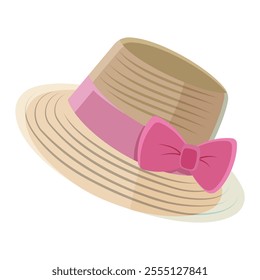 Straw hat with pink ribbon and bow on white background. Vector illustration