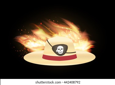 straw hat with pirate eye patch with fire background