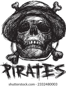 Straw hat pirates skull object piece digital painting illustration black and white vector scribble hand drawn art 