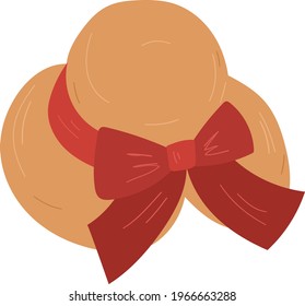 Straw hat with red ribbon.