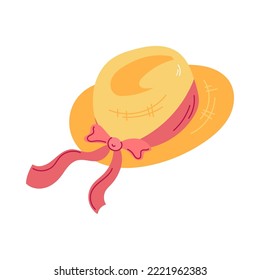 Straw hat with red ribbon against sunburn vector illustration. Sun safety and cartoon drawing of panama summer hat on white background. Summer, vacation, health, protection concept