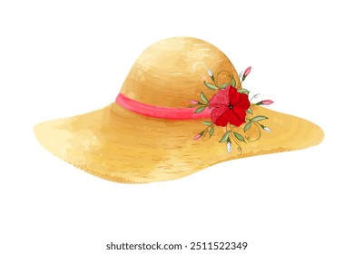 Straw hat with red rose. Watercolor vector illustration of female headdress with flower