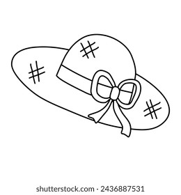 Straw hat with ribbon and bow, doodle style flat vector outline for coloring book
