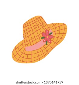 Straw Hat With Ribbon and Flower, Summer Travel Sign Symbol Vector Illustration