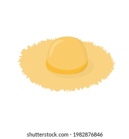 Straw hat with ribbon on white background.  Woodcut Illustration of Sun Hat. Colorful flat vector illustration.