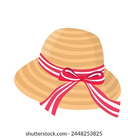 Straw hat with ribbon. Women summer hat vector illustration. Summer element. Cartoon flat vector isolated on white background.