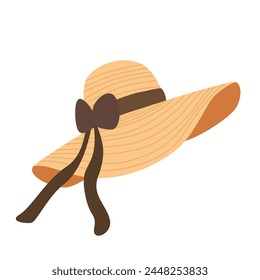 Straw hat with ribbon. Women summer hat vector illustration. Summer element. Cartoon flat vector isolated on white background.